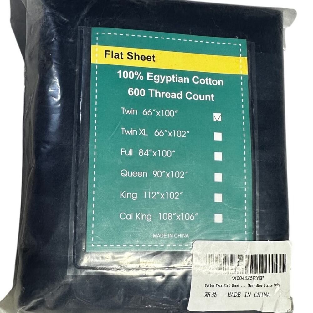 Twin Flat Sheet 100% Egyptian Cotton 600 Thread Count Navy Blue Stripe NEW